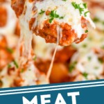Pinterest graphic for Stuffed Shells recipe. Image is close up photo of a spoonful of Stuffed Shells. Text says, "meat stuffed shells simplejoy.com."