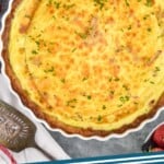 pinterest graphic of overhead of a quiche Lorraine in a fluted pie dish, says "quiche Lorraine simplejoy.com"