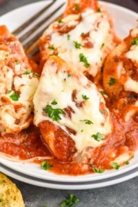 Overhead photo of Stuffed Shells served on a plate.