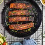 Overhead photo of Blackened Salmon in a skillet