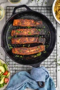 Overhead photo of Blackened Salmon in a skillet