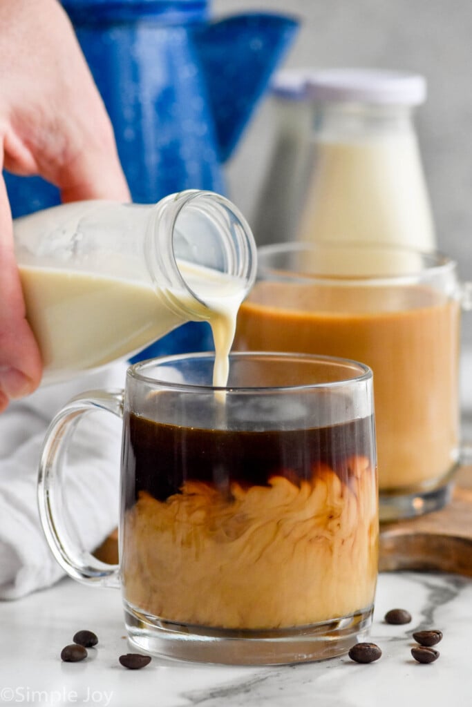 Close up photo of person's hand pouring Homemade Coffee Creamer int a mug of coffee.
