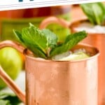 Pinterest graphic for Kentucky Mule recipe. Text says, "the best Kentucky Mule simplejoy.com." Image is close up photo of Kentucky Mule served in a copper mug and garnished with mint leaves and slice of lime.