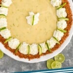Pinterest graphic for Key Lime Pie recipe. Image is overhead photo of Key Lime Pie and a serving spatula that says, "I'm just here for dessert." Text says, "Key Lime Pie recipe simplejoy.com"