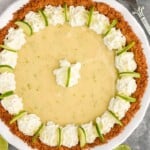 Overhead photo of Key Lime Pie. Serving spatula on counter beside Key Lime Pie that says, "I'm just here for dessert."