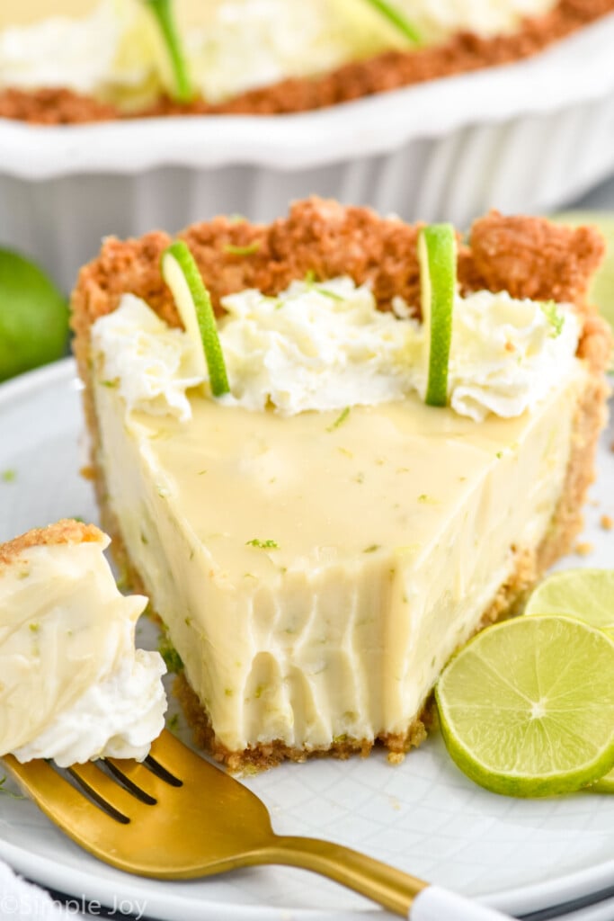 Close up photo of a slice of Key Lime Pie served on a plate. Fork with a bite of Key Lime Pie on it is resting on the plate.