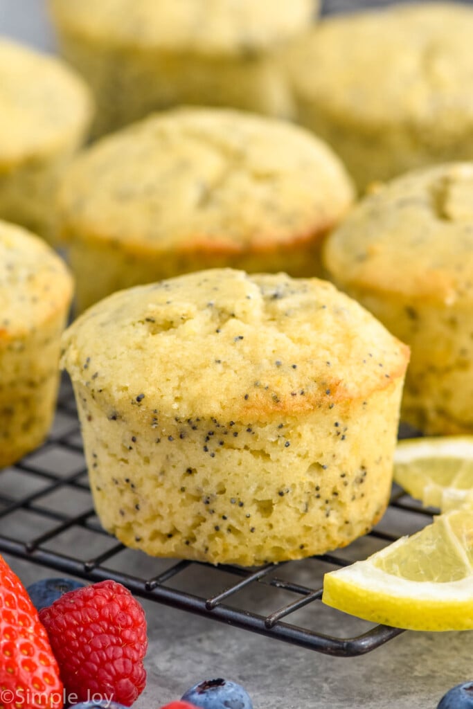 Close up photo of Lemon Poppy Seed Muffins on cooling rack.