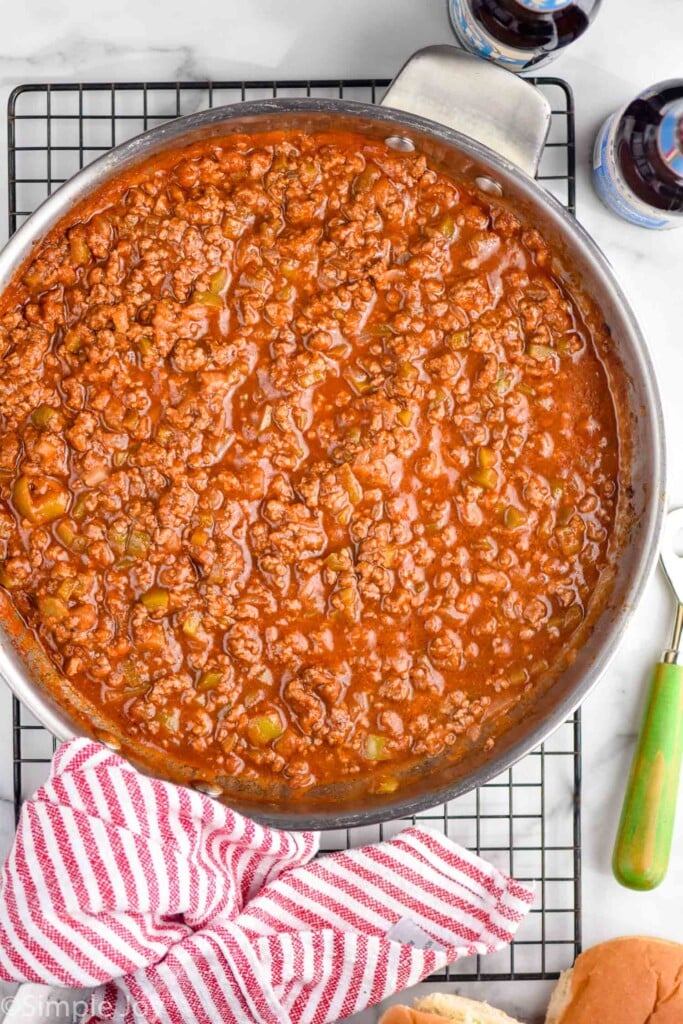 Overhead photo of a pan of Homemade Sloppy Joes recipe.