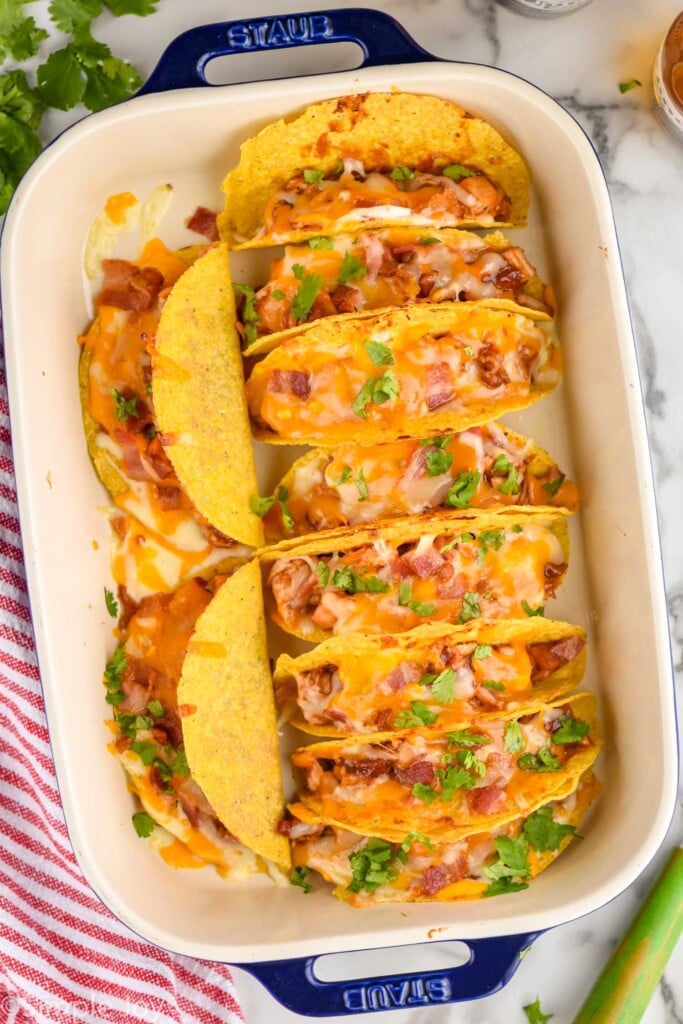 Overhead photo of a baking dish of BBQ Chicken Baked Tacos