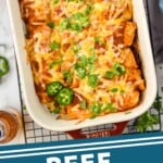 Pinterest graphic for Beef Enchiladas recipe. Image is overhead photo of a baking dish of Beef Enchiladas. Text says, "Beef Enchilada Recipe simplejoy.com"