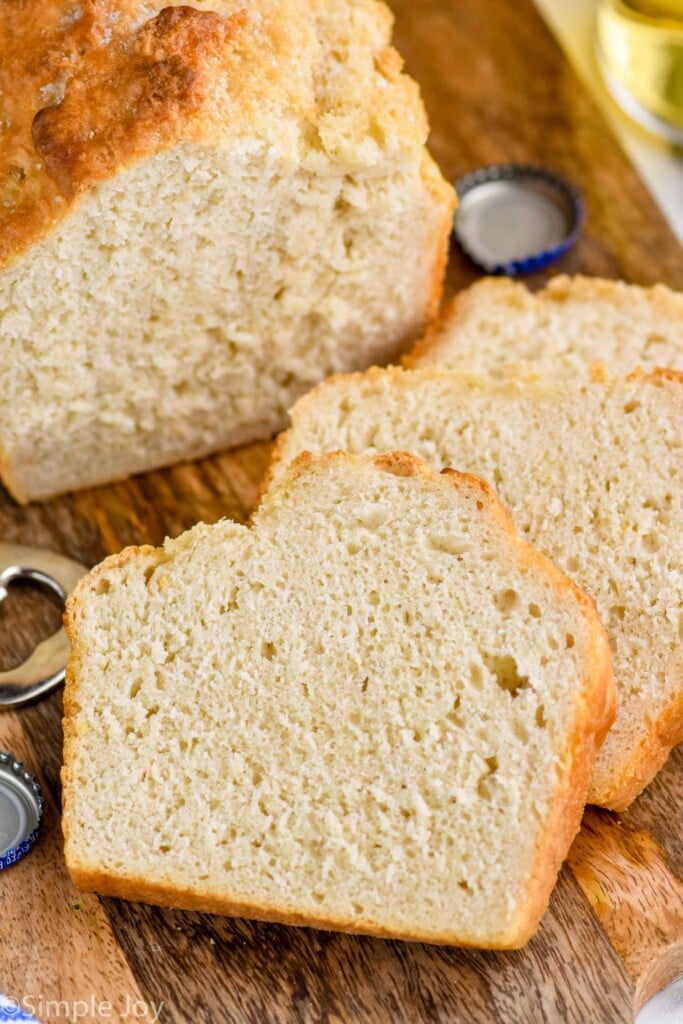 Overhead photo of a loaf of Beer Bread sliced.
