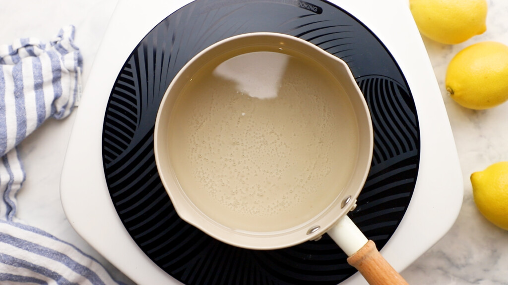 overhead of simple syrup in a pan