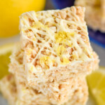 Close up overhead photo of a stack of Lemon Rice Krispie Treats