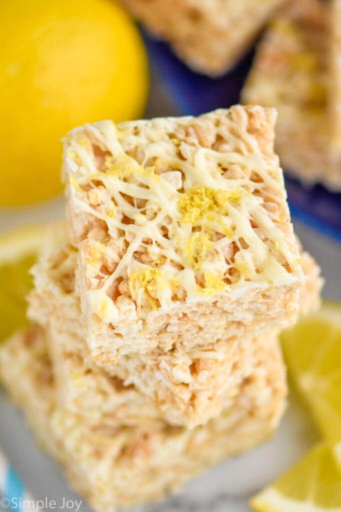 Close up overhead photo of a stack of Lemon Rice Krispie Treats