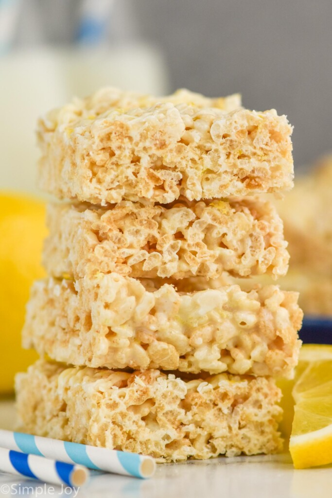 Close up photo of a stack of Lemon Rice Krispie Treats