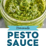 Pinterest graphic for Pesto Sauce Recipe. Top image is overhead photo of a spoon scooping out Pesto Sauce Recipe out of a jar. Bottom left image is overhead photo of a food processor with ingredients for Pesto Sauce Recipe. Bottom right image is overhead photo of food processor after processing ingredients for Pesto Sauce Recipe. Text says, "homemade pesto sauce simplejoy.com"