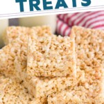 Pinterest graphic for Rice Krispie Treats recipe. Text says, "Soft and chewy Rice Krispie Treats simplejoy.com" Image is overhead photo of a plate of Rice Krispie Treats.
