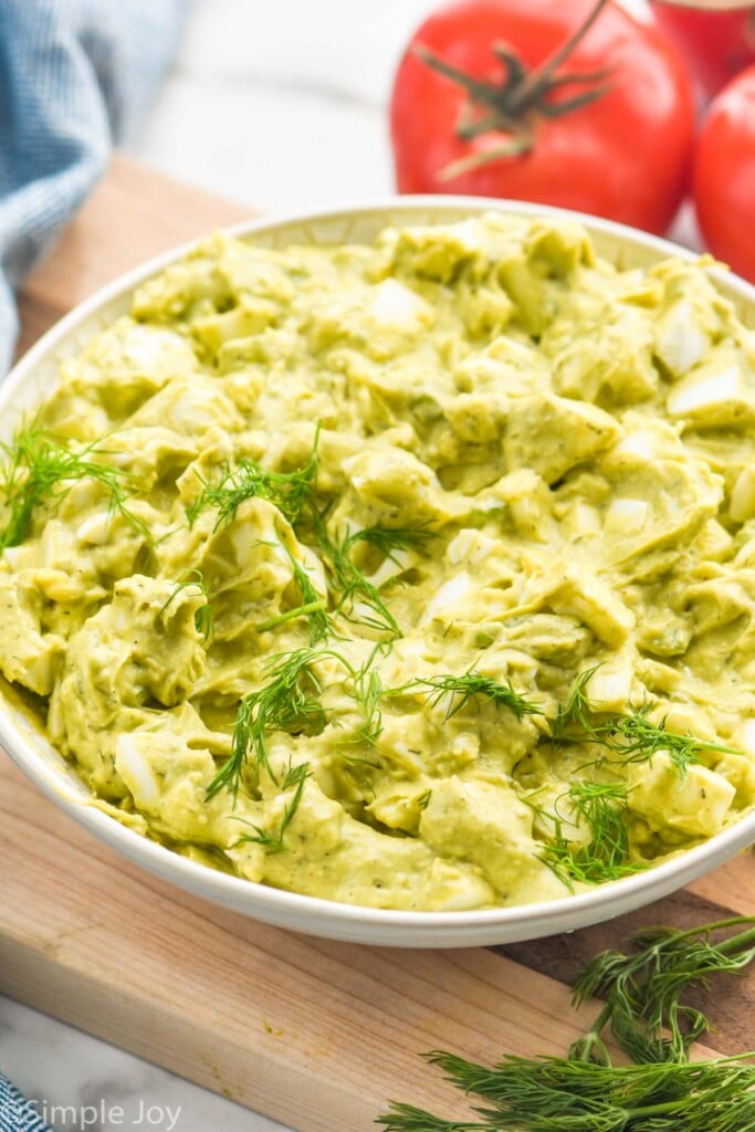 Overhead photo of a bowl of Avocado Egg Salad.