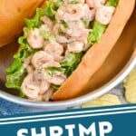 Pinterest graphic for Shrimp Salad recipe. Image is overhead photo of Shrimp Salad sandwiches. Text says, "Shrimp Salad Sandwich simplejoy.com"