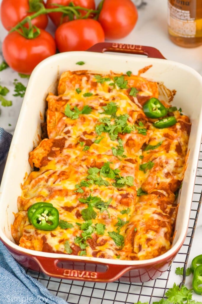 Overhead photo of a baking dish of Beef Enchiladas
