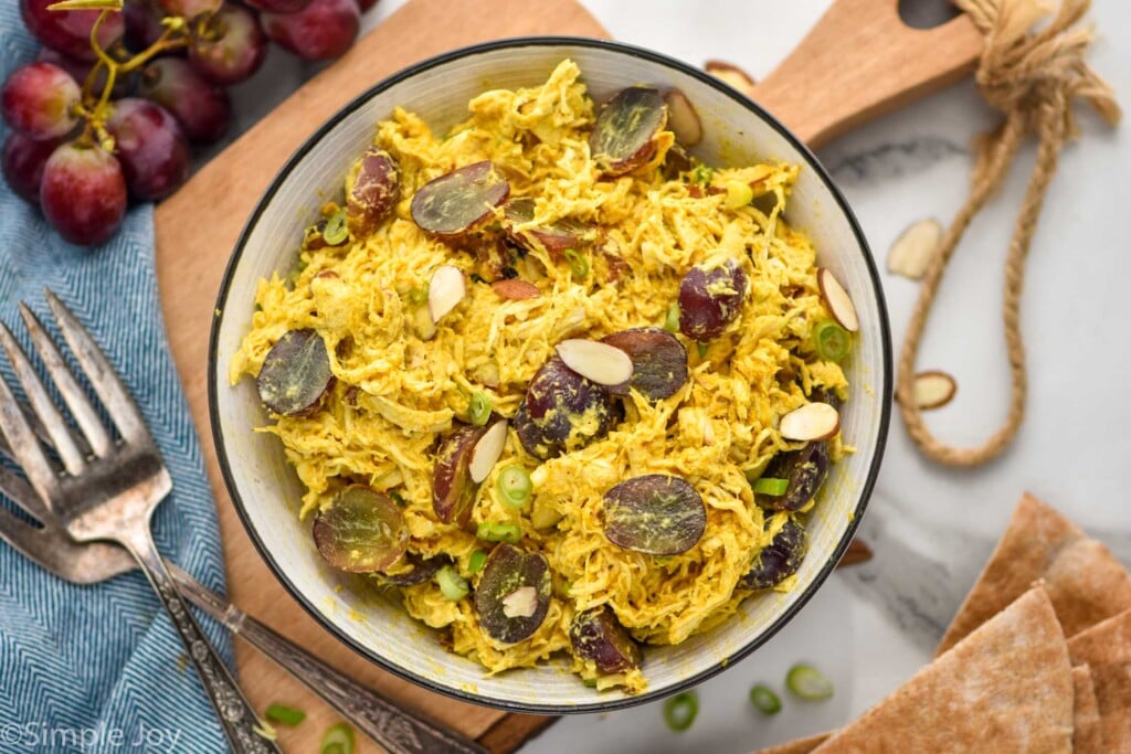 Overhead photo of a bowl of Curry Chicken Salad