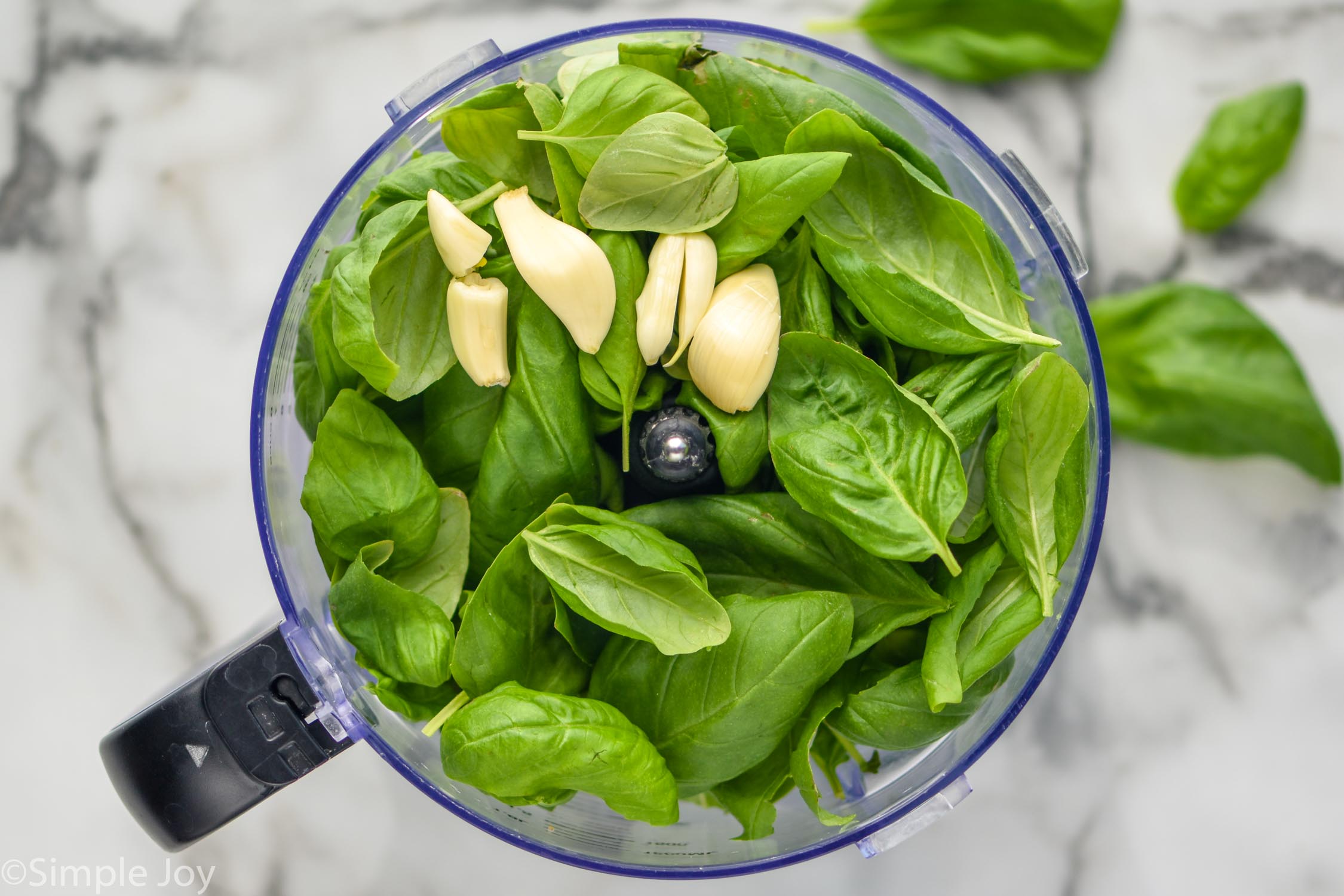 Overhead photo of food processor with ingredients for Pesto Sauce Recipe