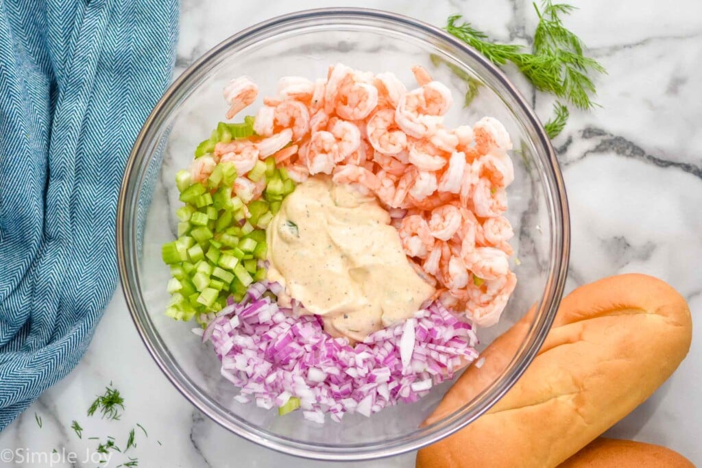 Overhead photo of mixing bowl of ingredients for Shrimp Salad recipe