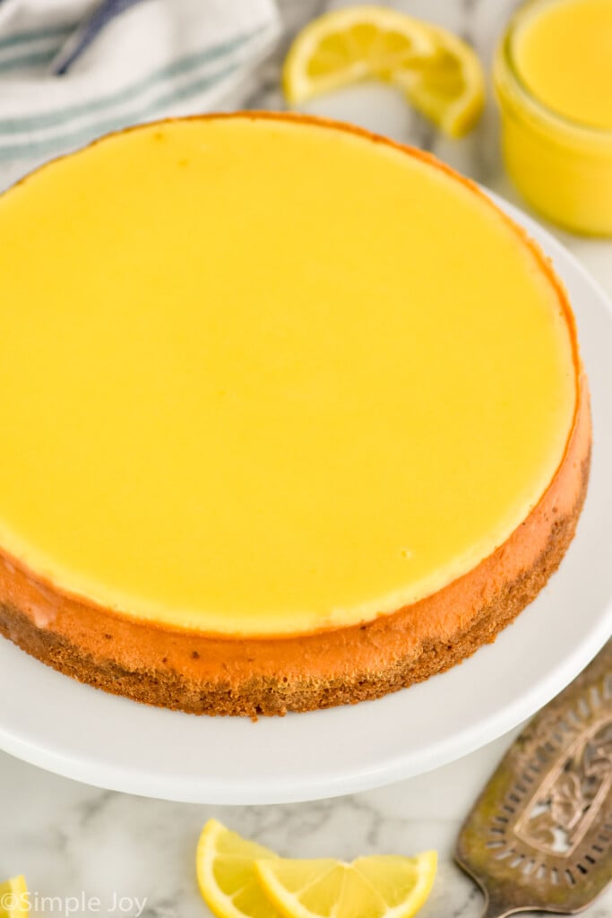 Overhead photo of Lemon Cheesecake on a platter.