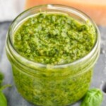 Overhead photo of a jar of Pesto Sauce Recipe