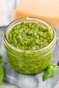 Overhead photo of a jar of Pesto Sauce Recipe