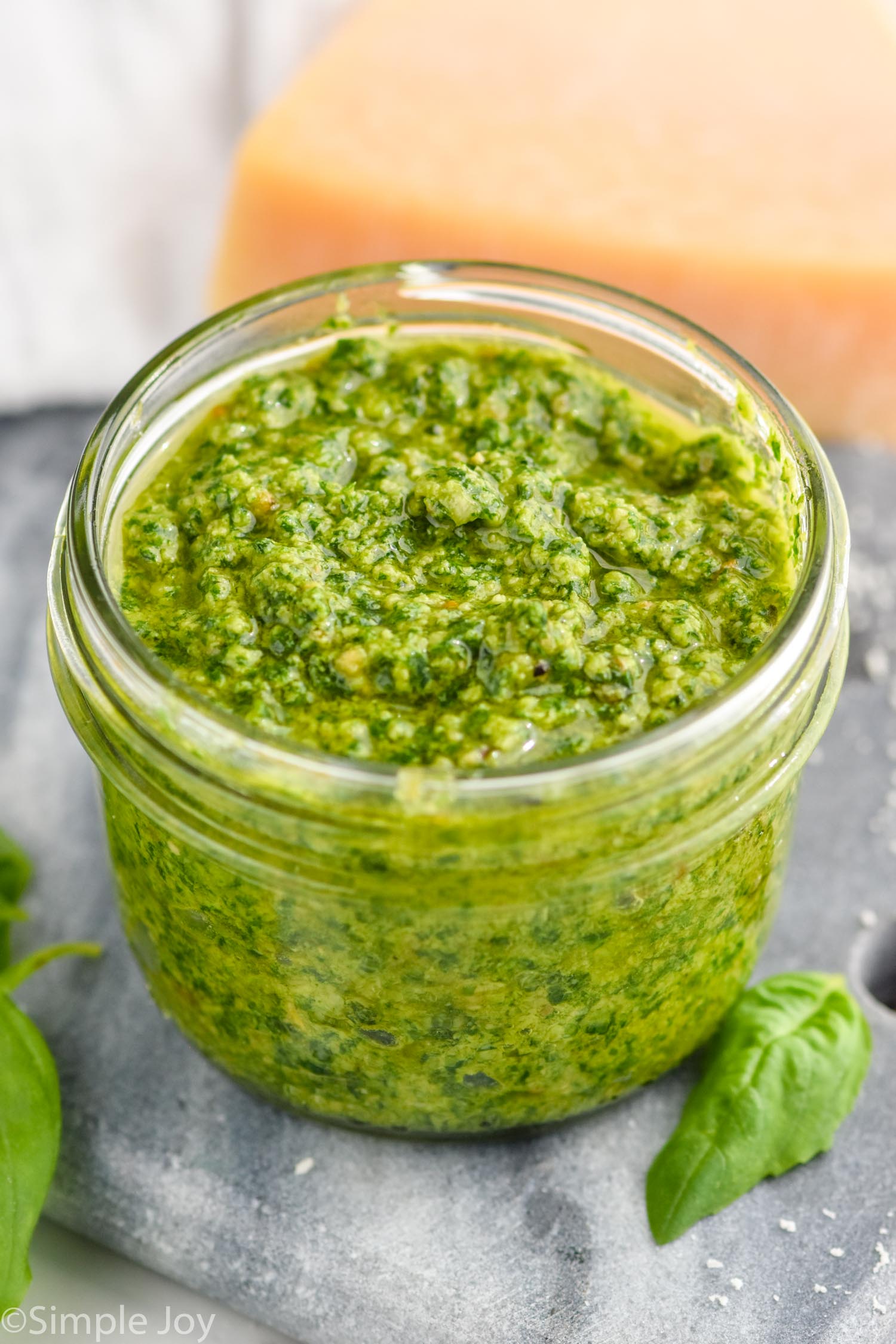 Overhead photo of a jar of Pesto Sauce Recipe