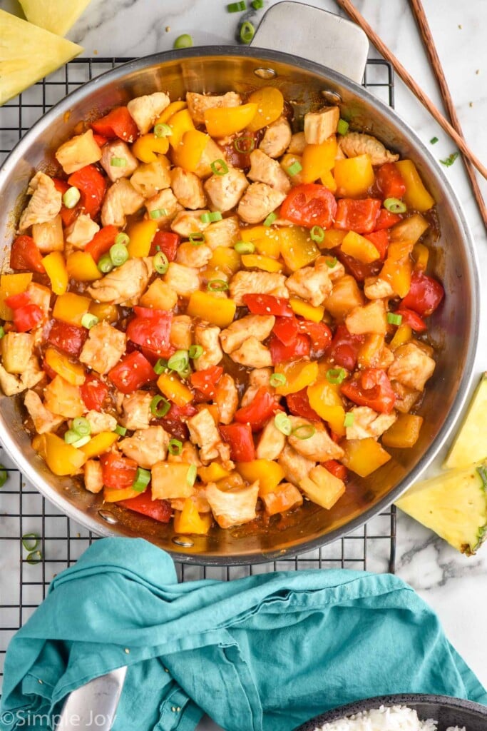 Overhead photo of Pineapple Chicken recipe in a skillet.