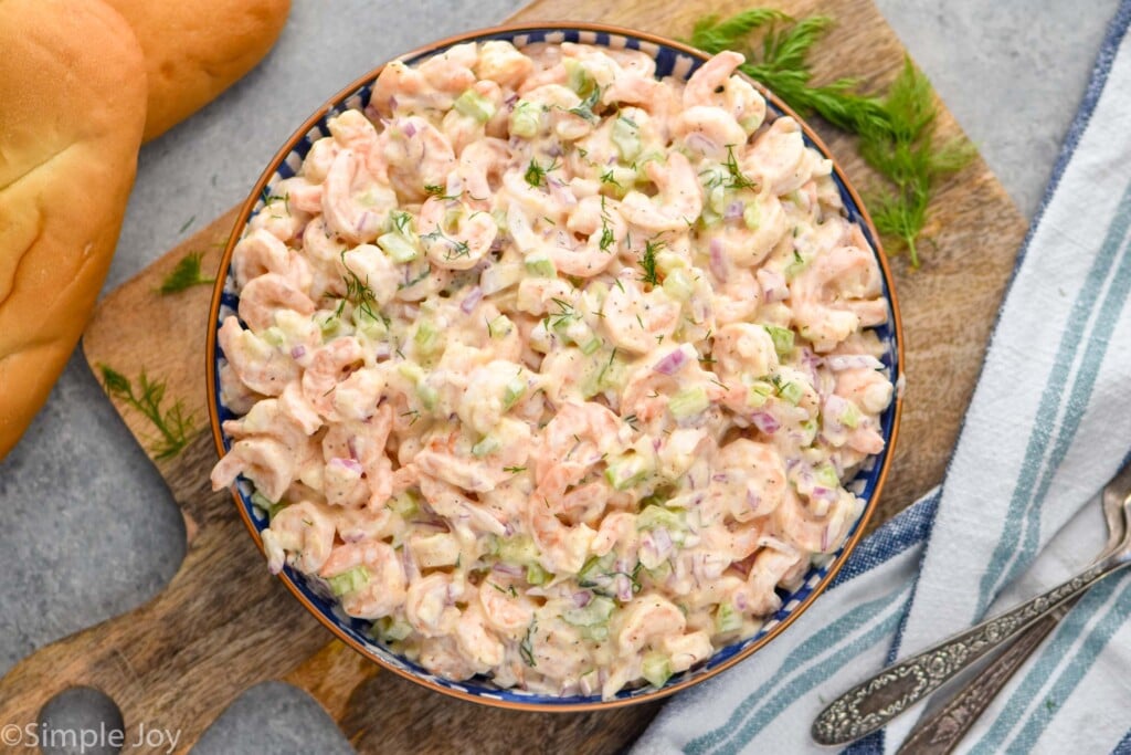 Overhead photo of a bowl of Shrimp Salad