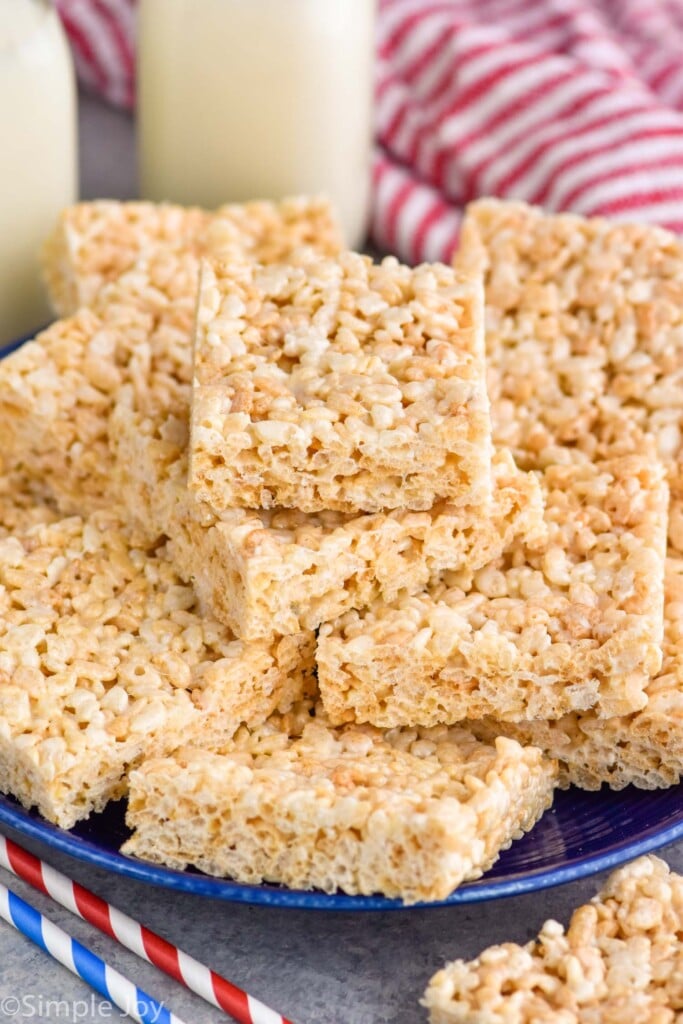 Overhead photo of a plate of Rice Krispie Treats.