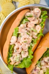 Overhead photo of Shrimp Salad sandwich and potato chips