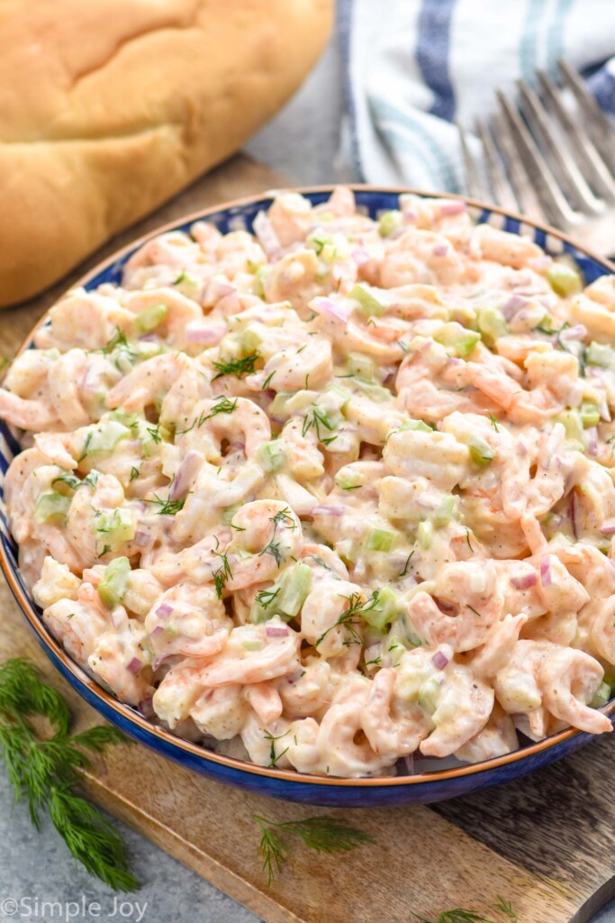 Overhead photo of a bowl of Shrimp Salad