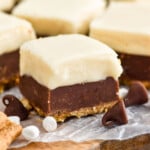 Close up photo of squares of S'mores Fudge, marshmallows, and chocolate chips.