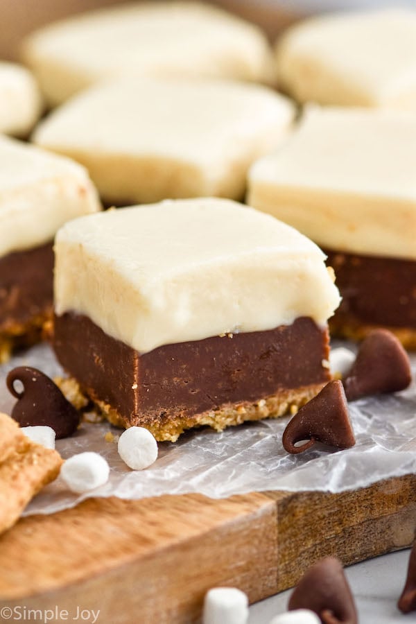 Close up photo of squares of S'mores Fudge, marshmallows, and chocolate chips.