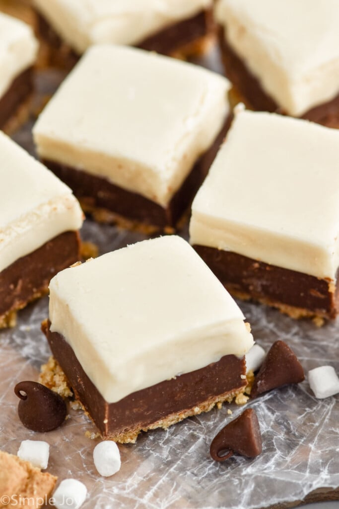 Overhead photo of squares of S'mores Fudge, chocolate chips, and marshmallows.