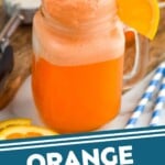 Pinterest graphic for Orange Creamsicle recipe. Image is side view of Orange Creamsicle served in a glass mug and garnished with orange slice and straws. Text says, "Orange Creamsicle cocktail simplejoy.com"