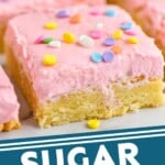 Pinterest graphic for Sugar Cookie Bars recipe. Image is side view of Sugar Cookie Bars cut into squares. Text says, "Sugar Cookie Bars simplejoy.com"