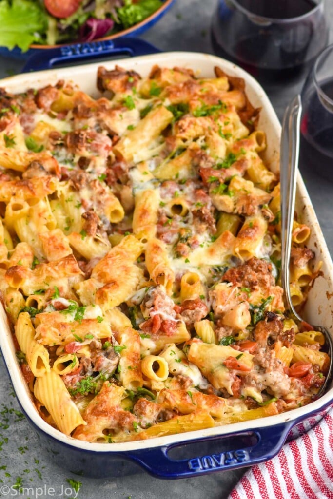 a casserole dish full of baked pasta