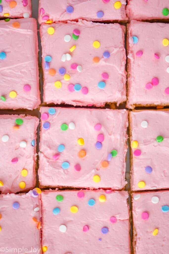 Overhead photo of Sugar Cookie Bars cut into squares.