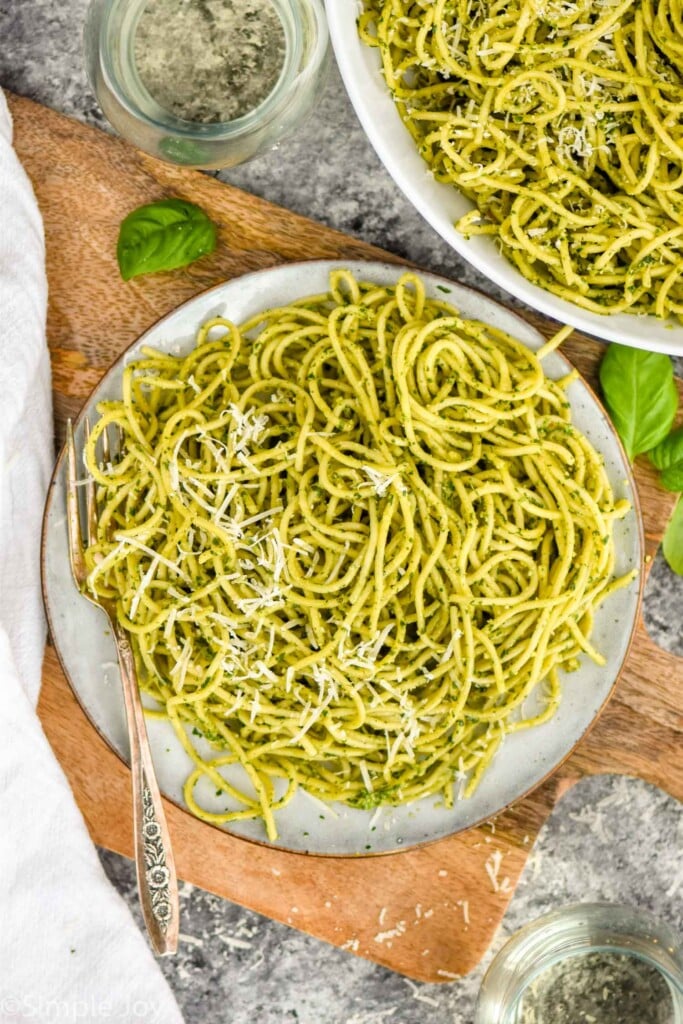 overhead view of plate of Pesto Pasta