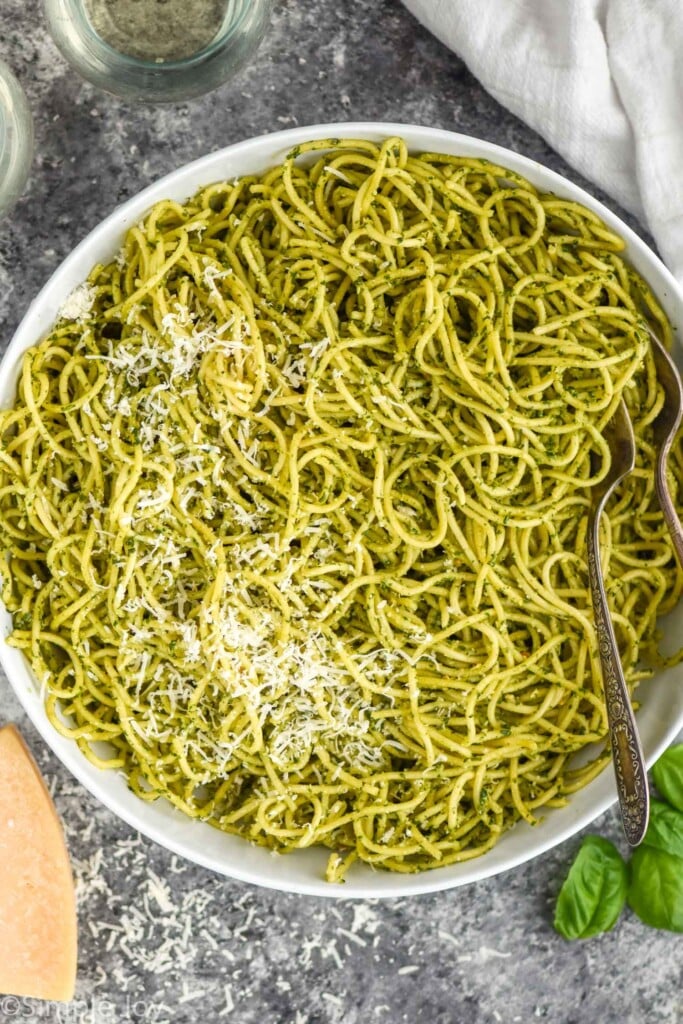 overhead view of pesto pasta