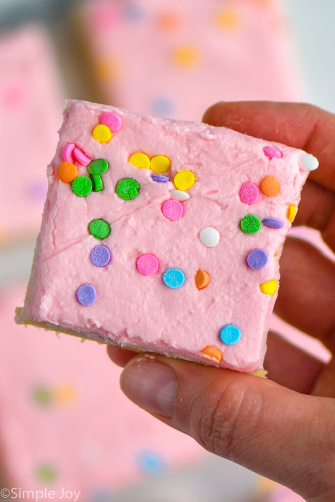 Close up photo of person's hand holding a Sugar Cookie Bar