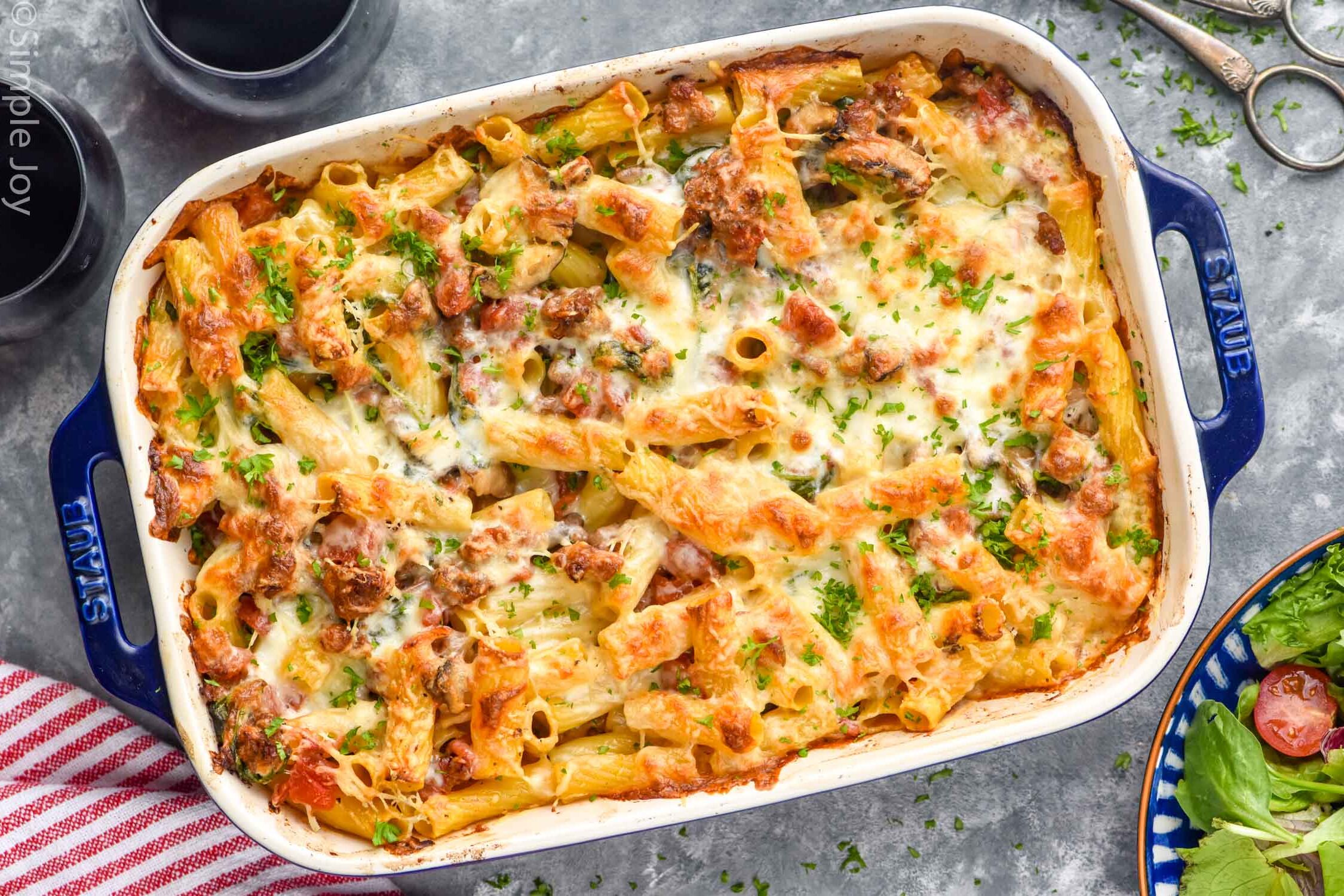 Overhead view of a baking dish of Baked Rigatoni recipe.