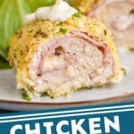 Pinterest graphic for Chicken Cordon Bleu. Image shows Chicken Cordon Bleu sauce dropping onto Chicken Cordon Bleu. Text says "Chicken Cordon Bleu simplejoy.com"