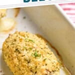 pinterest graphic for Chicken Cordon Bleu. Text says "amazing Chicken Cordon Bleu simplejoy.com" Image shows Chicken Cordon Bleu in baking dish