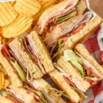 Pinterest graphic for club sandwich. Text says "the best club sandwich simplejoy.com" Image shows overhead of club sandwich and chips